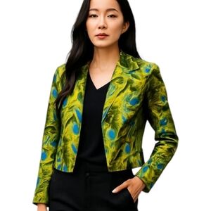3 Sisters Jacket green Peacock print Women's Open cropped blazer Reg $289  sz xs
